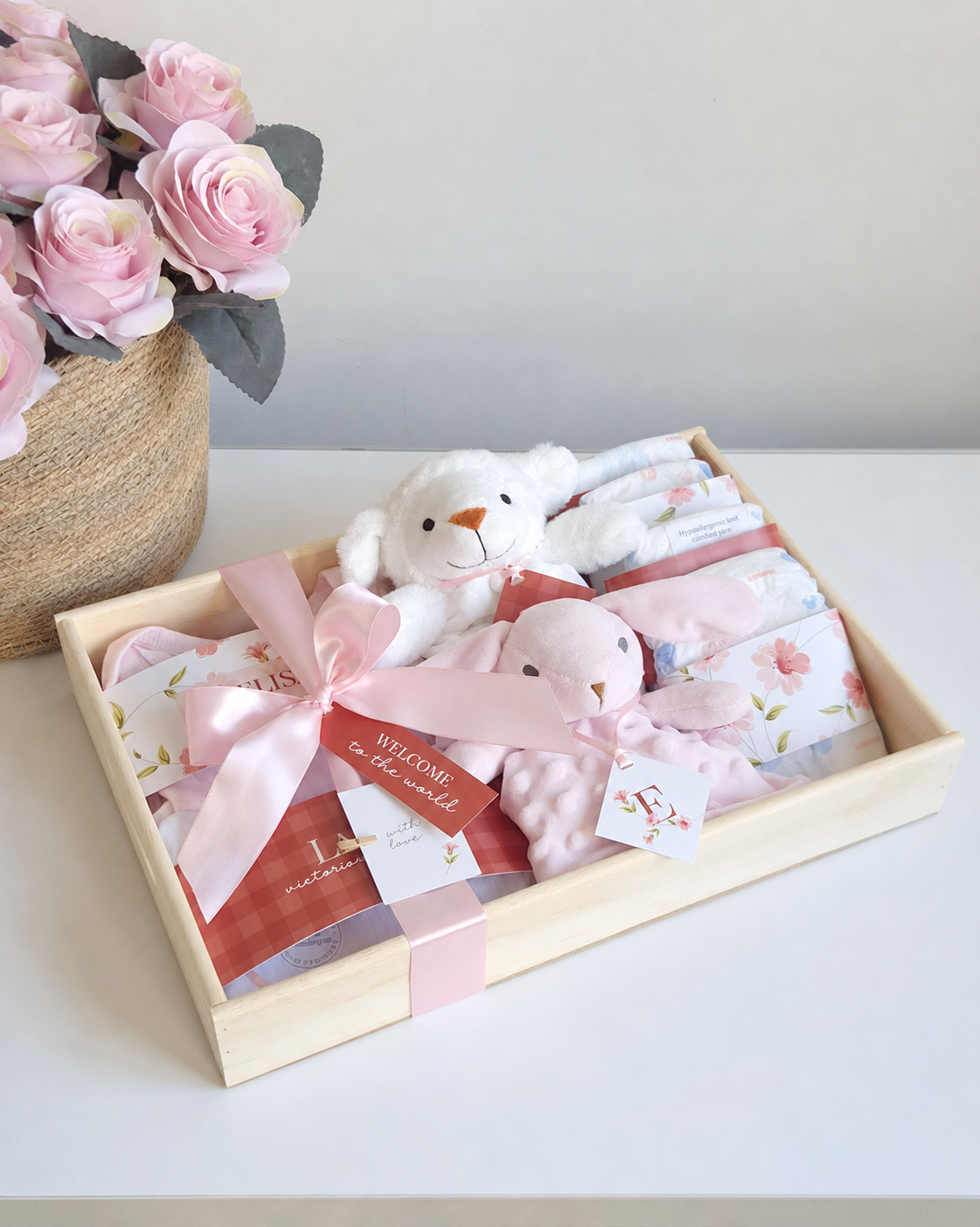 Finished baby girl themed basket ready to post