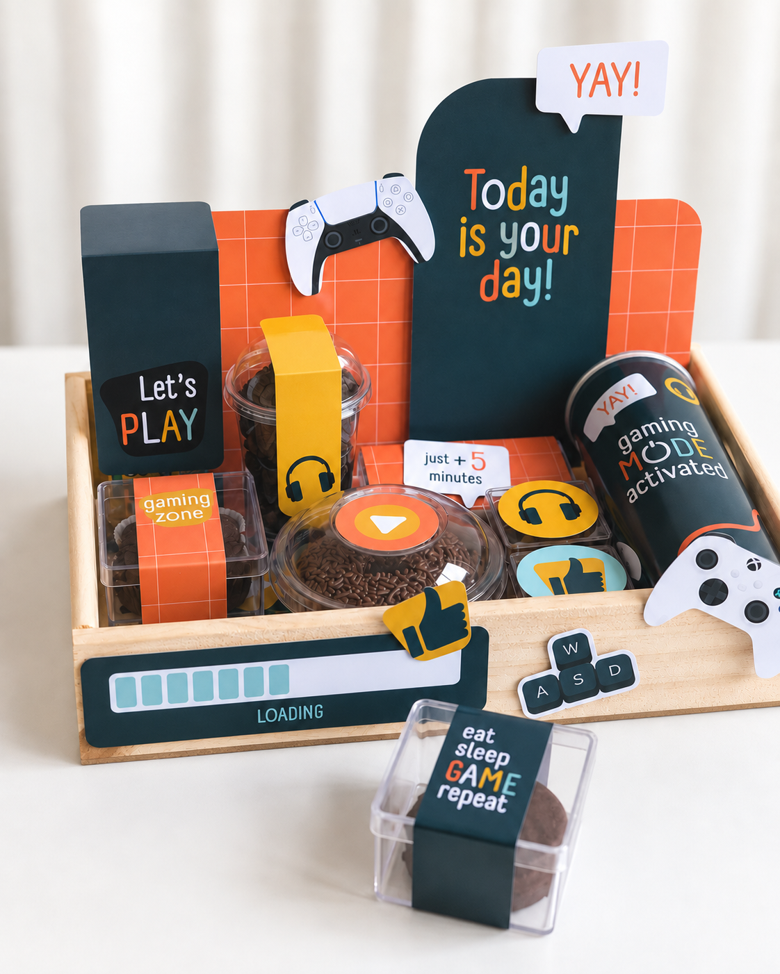 Finished gamer themed basket ready to post